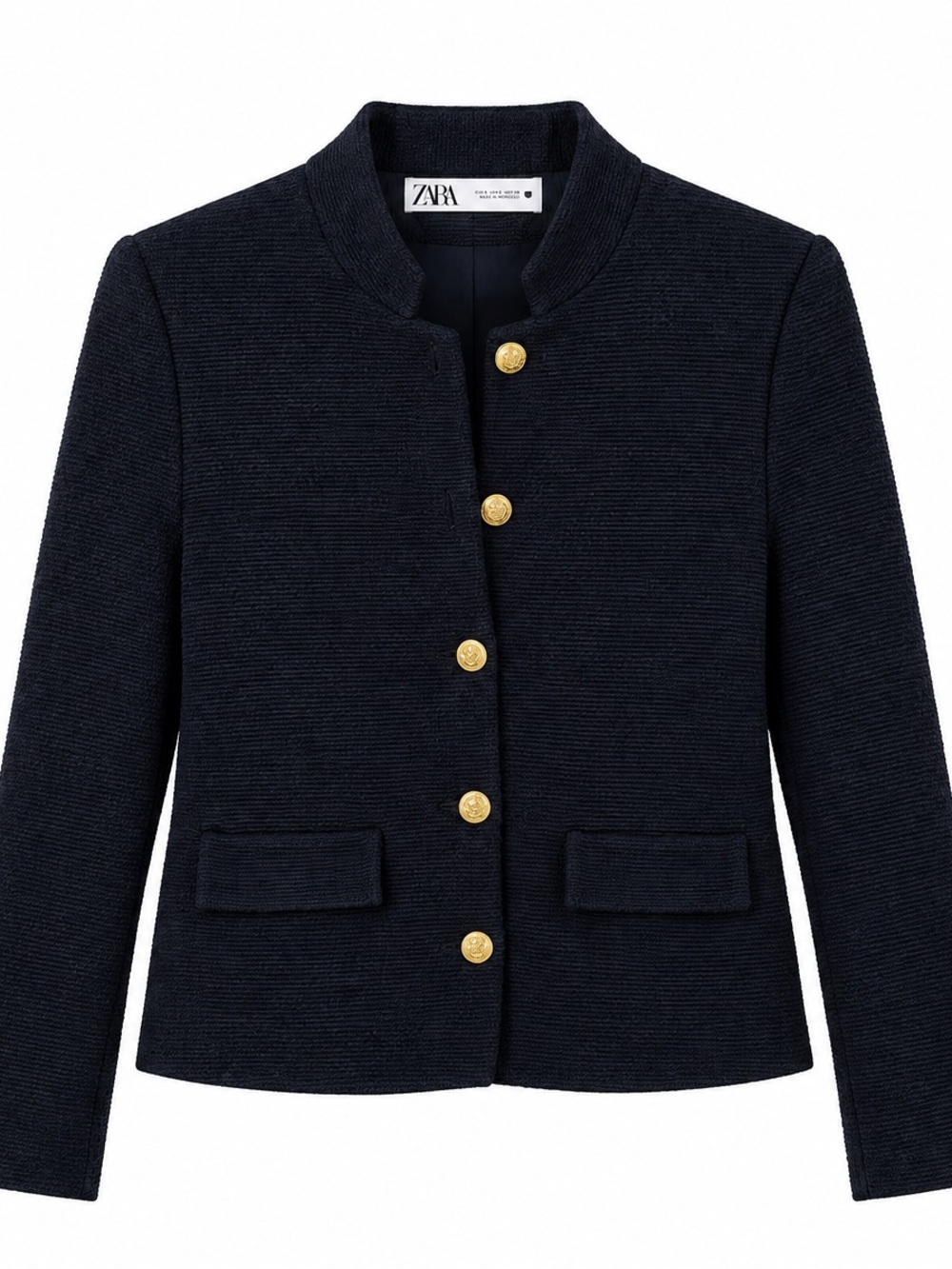 Zara Navy Textured Collarless Jacket with Gold Buttons